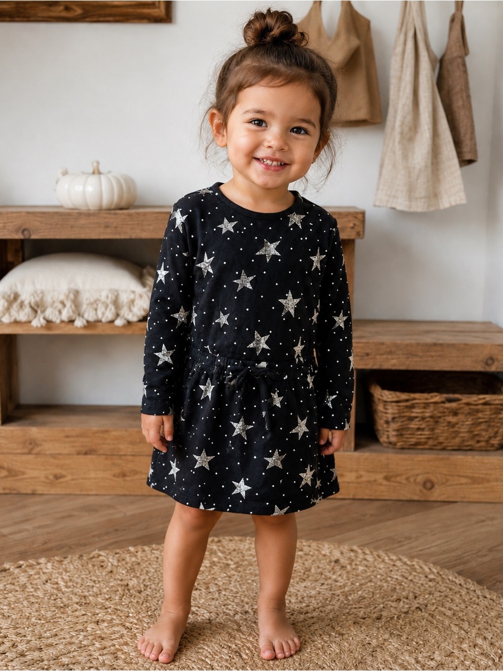 Old Navy Toddler Black Silver Star Dress 2T Celestial Glitter Long Sleeve Skater